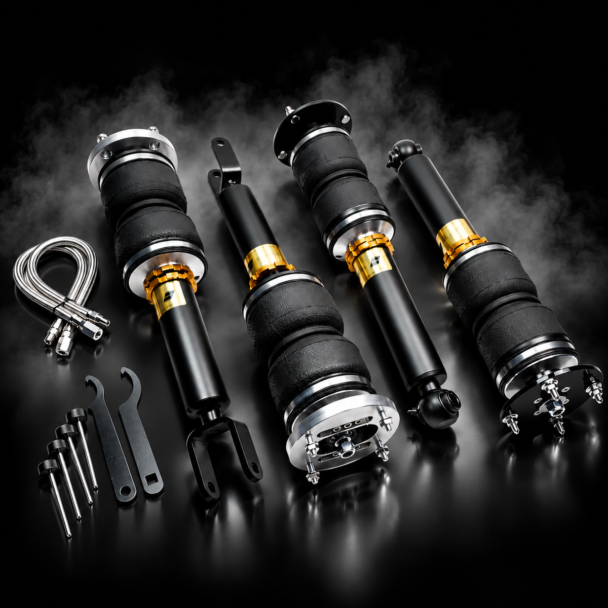 Jaguar XJ (X350) 2003–2009 complete air ride kit in a black smoky studio