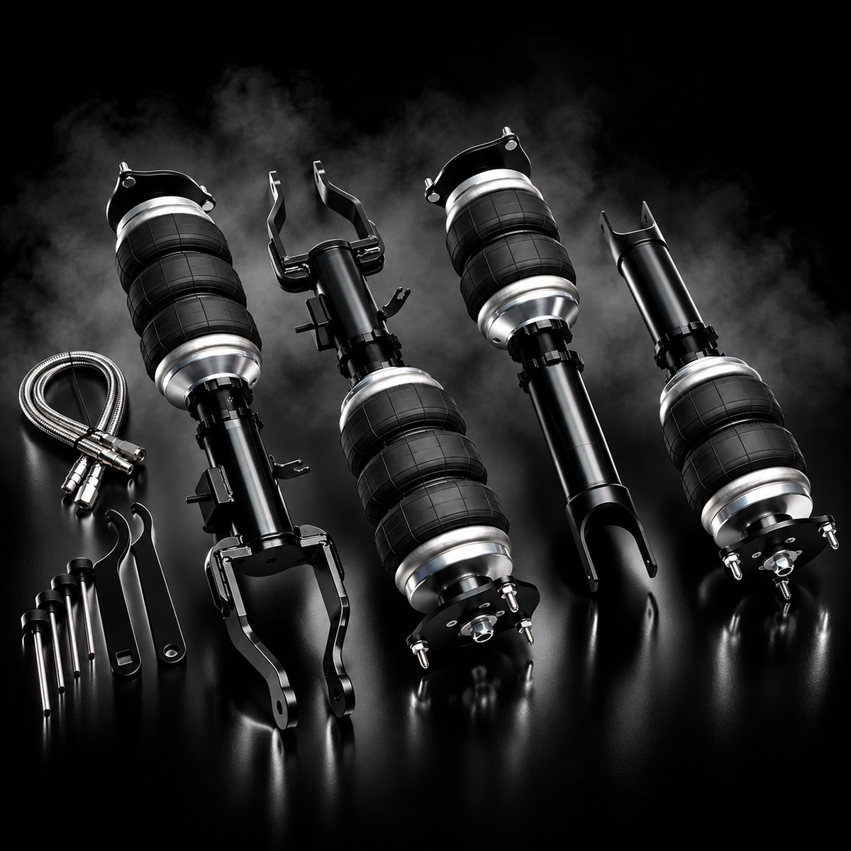 Nissan GT-R (R35) 2007–Present complete air ride kit in a black smoky studio