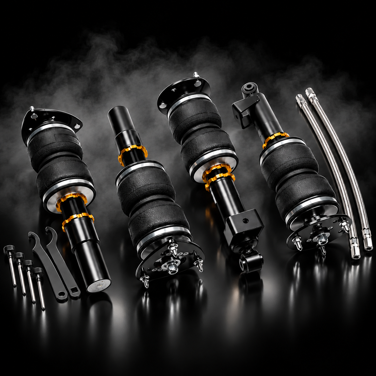Porsche 911 Carrera (996) 2WD 1998–2005 complete air ride kit in a black smoky studio