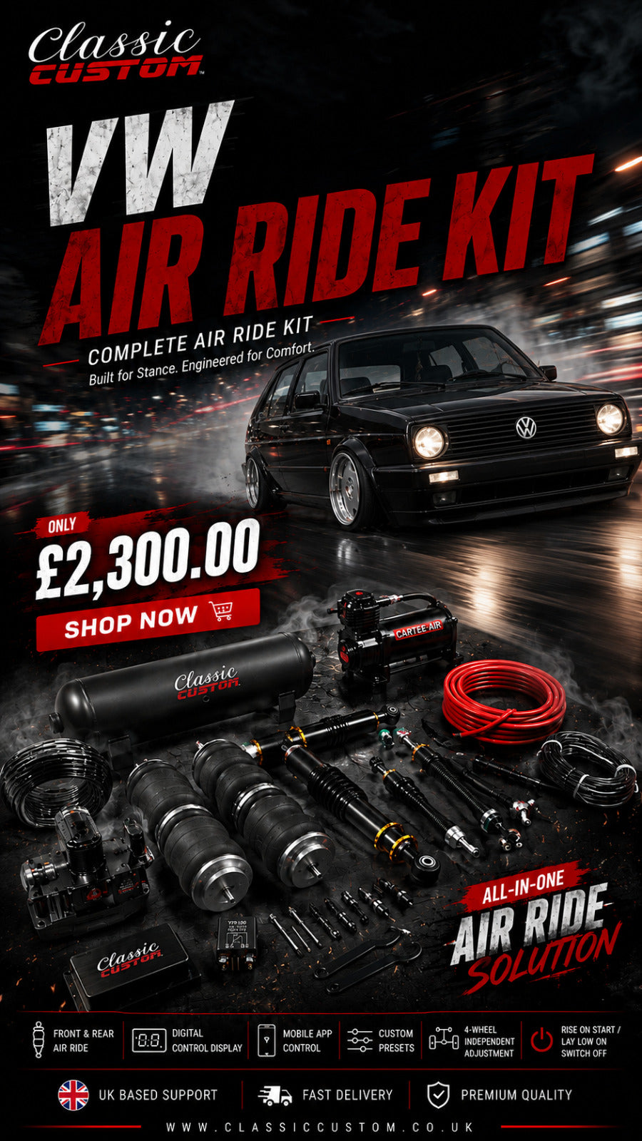 Black Volkswagen Golf Mk2 complete air ride kit