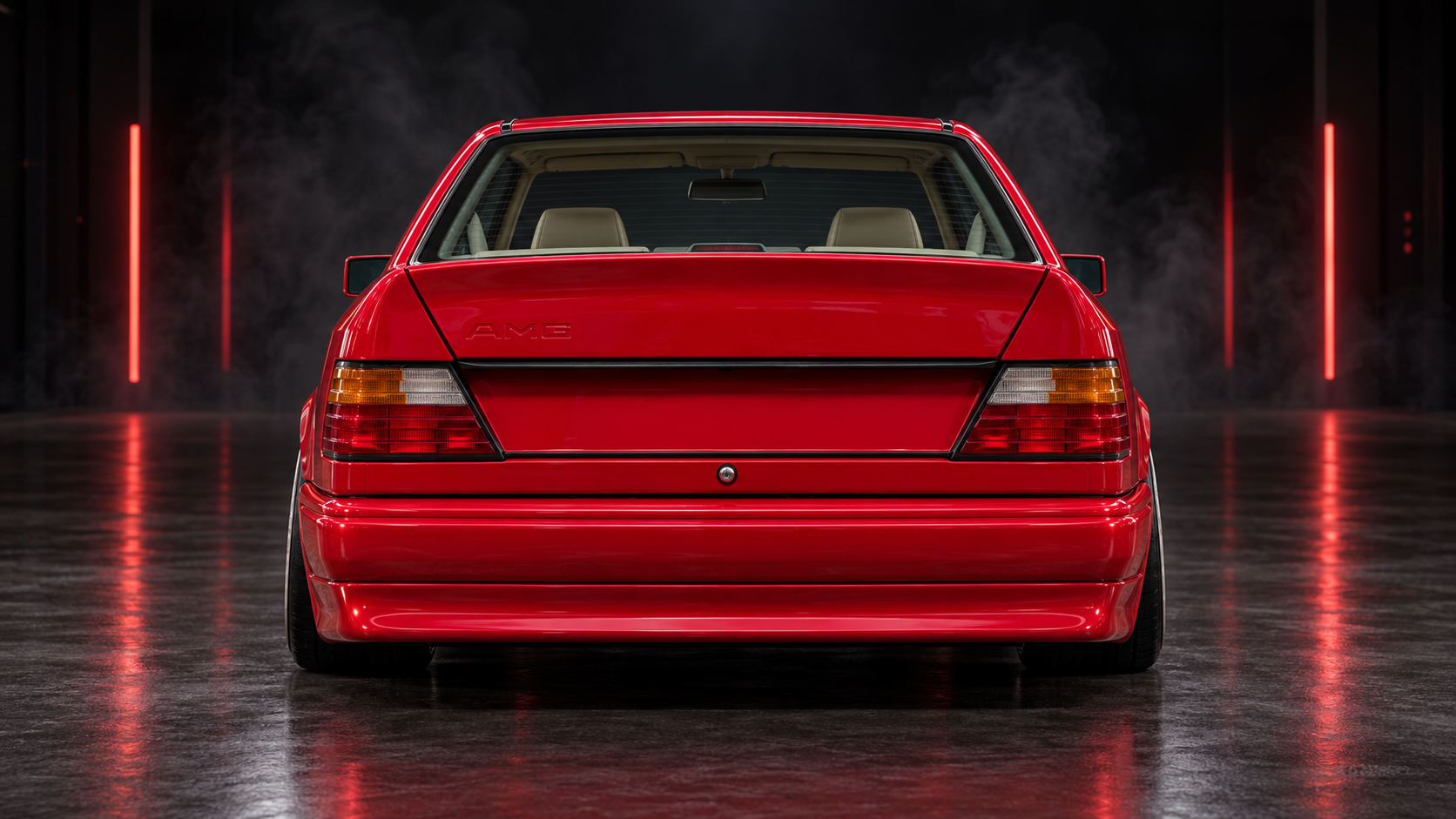 Straight rear studio view of red Mercedes-Benz CE