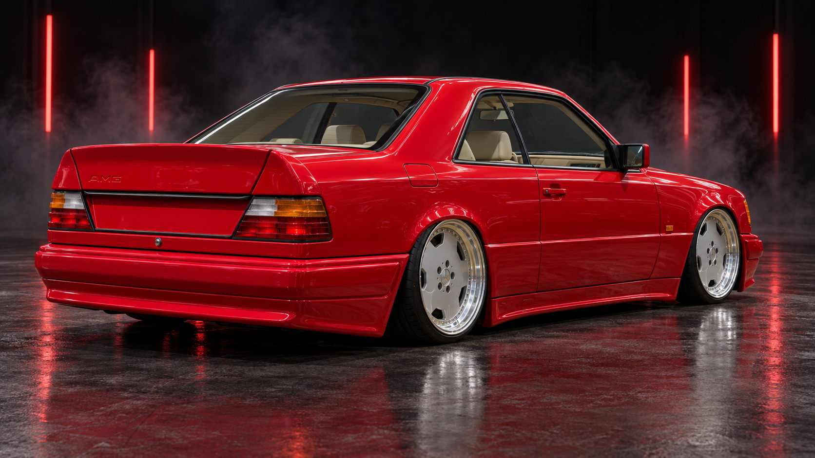 Rear right three-quarter studio view of red Mercedes-Benz CE