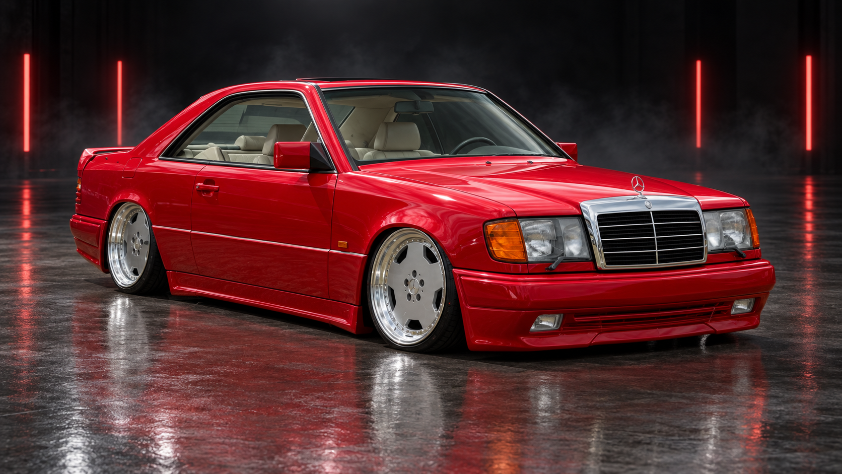 Front right three-quarter studio view of red Mercedes-Benz CE