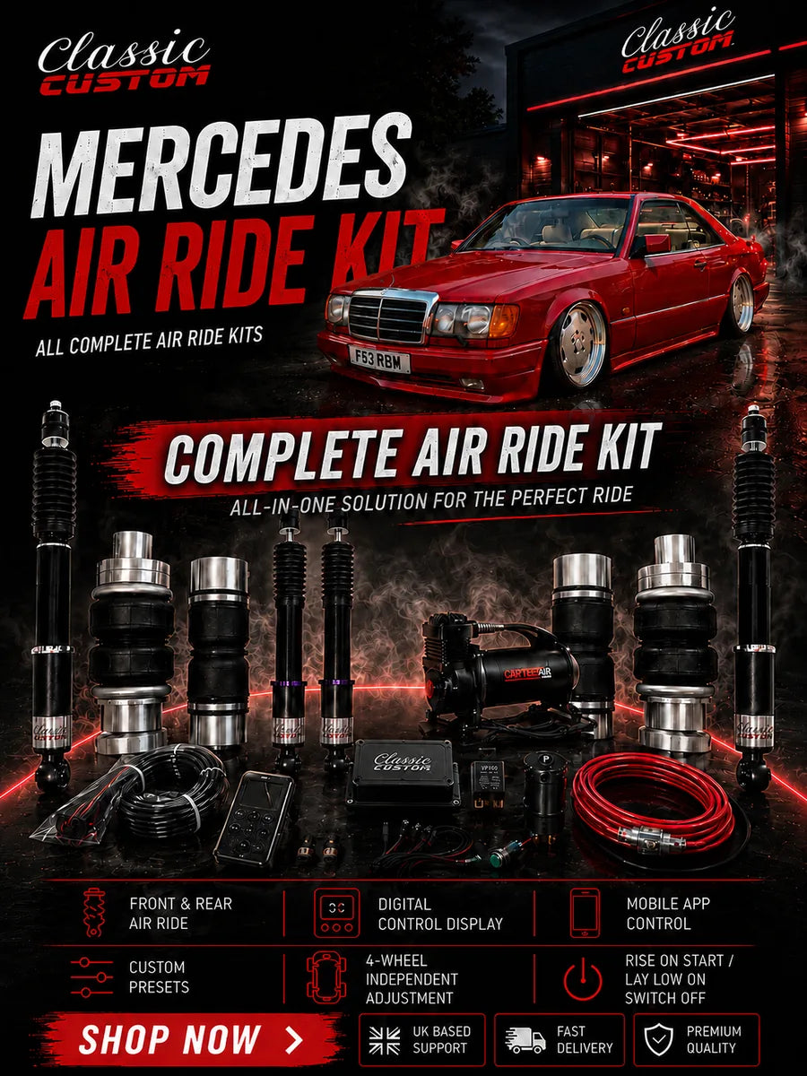 Classic Custom Mercedes W124 and C124 chassis air ride banner