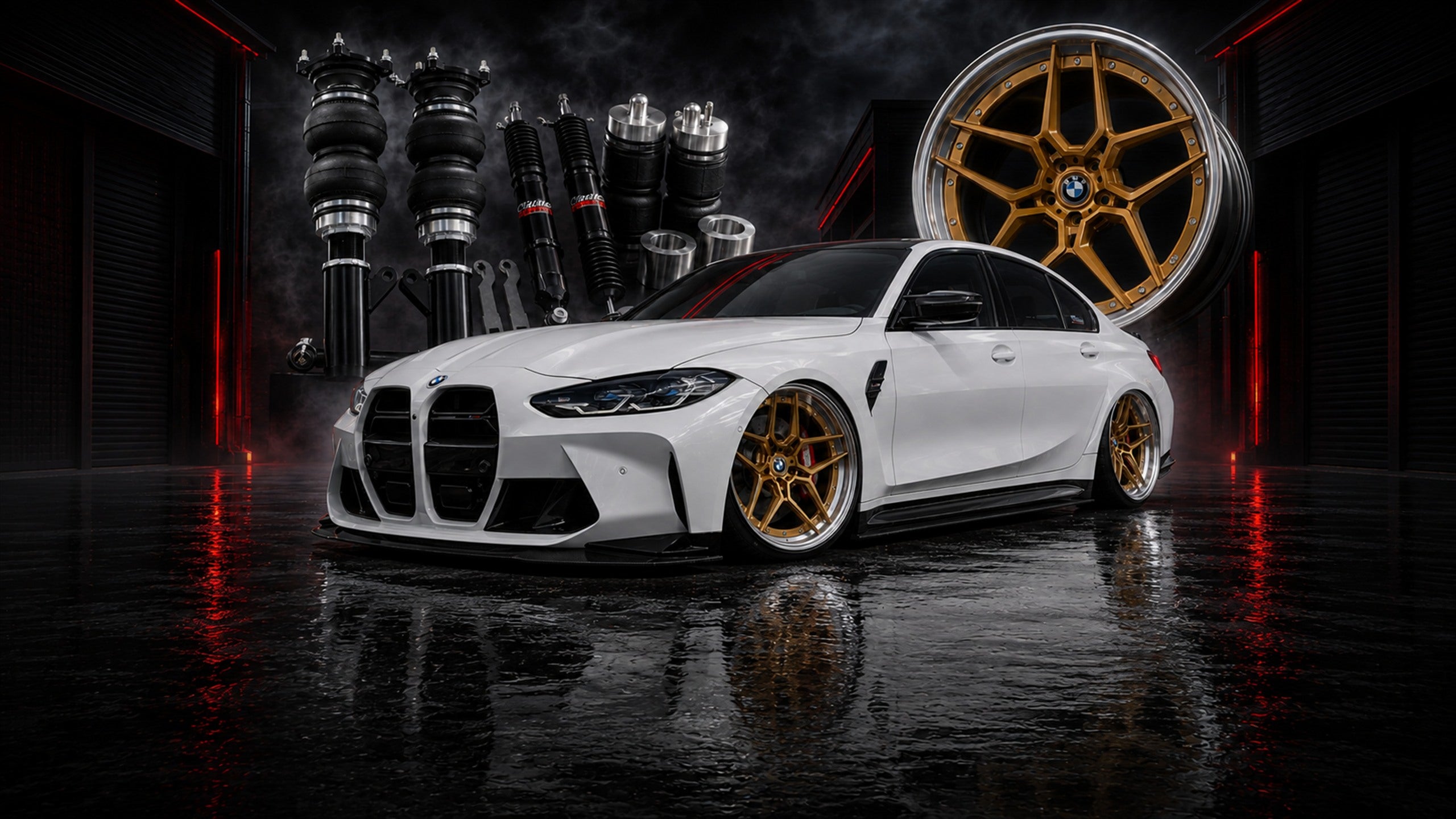 Lowered white BMW G80 M3 on gold Revolver wheels, with its air ride suspension kit and matching wheel displayed behind it