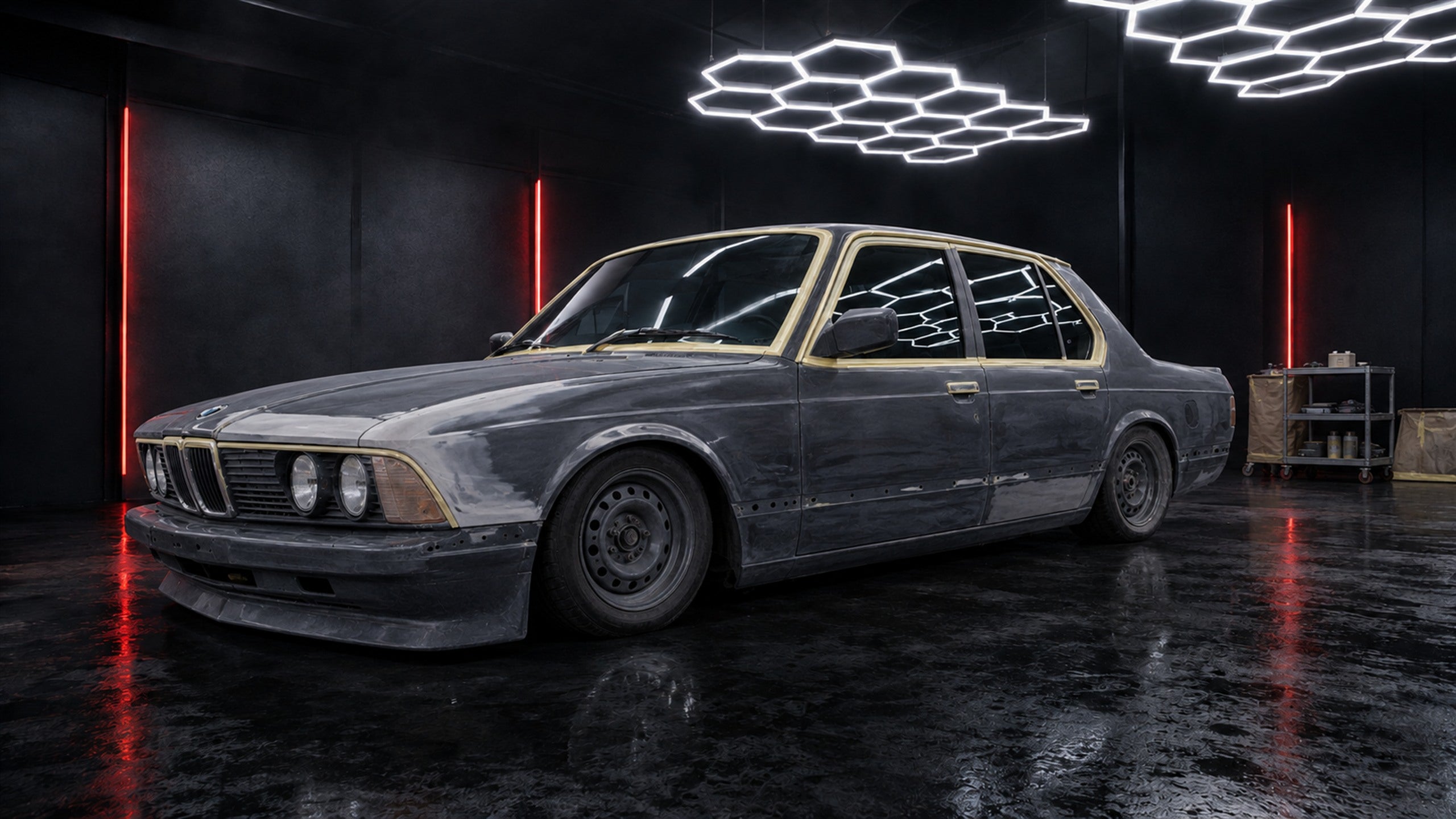 Classic BMW E23 prepared for bodywork and paint