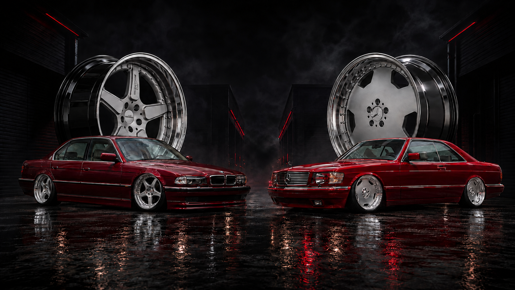 Burgundy BMW E38 and red Mercedes W126 coupe facing each other beneath custom AC Schnitzer and AMG wheels