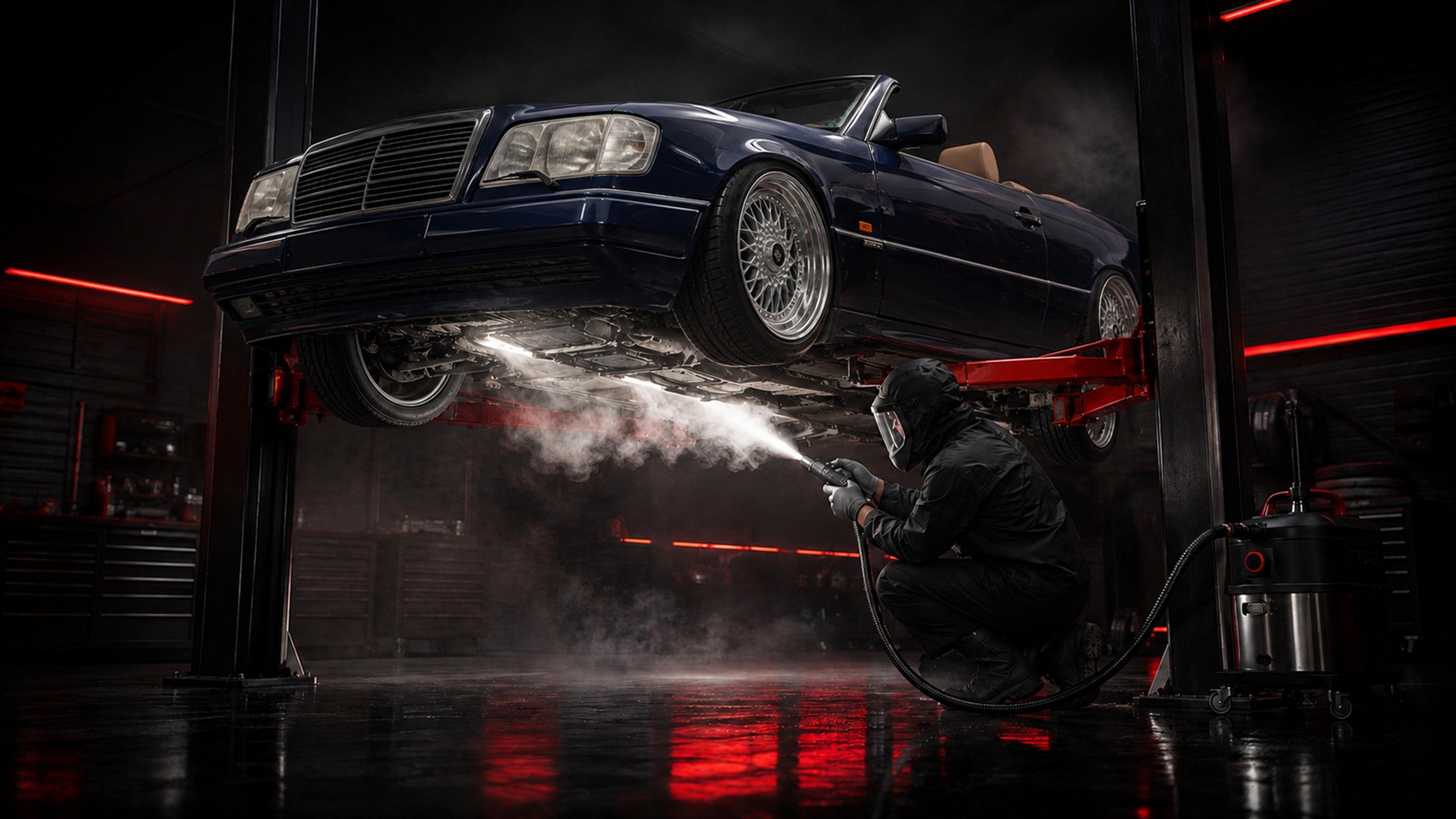 Navy blue Mercedes W124 cabriolet undergoing dry ice cleaning beneath the car in the Classic Custom workshop