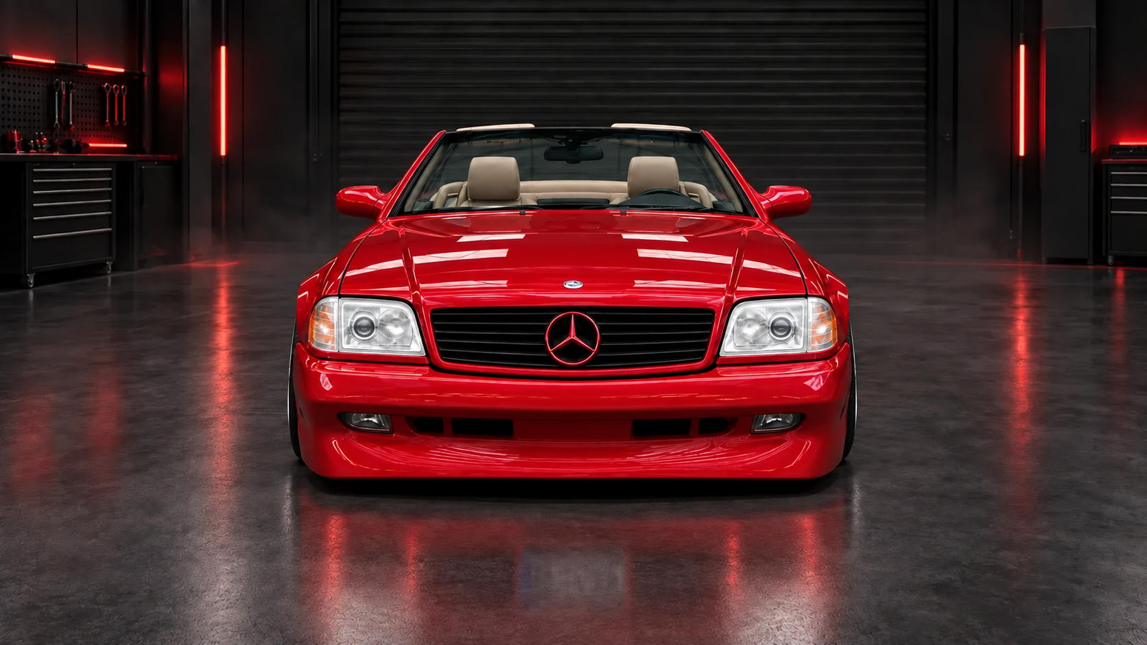 Straight front studio view of red Mercedes-Benz SL R129