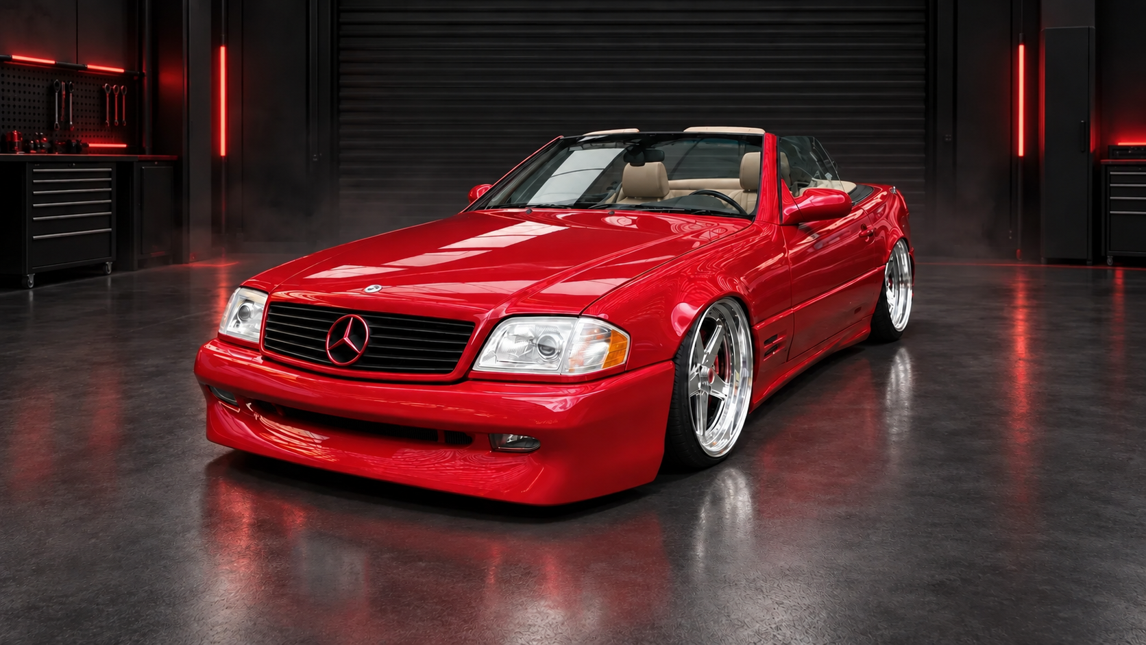 Front left three-quarter studio view of red Mercedes-Benz SL R129