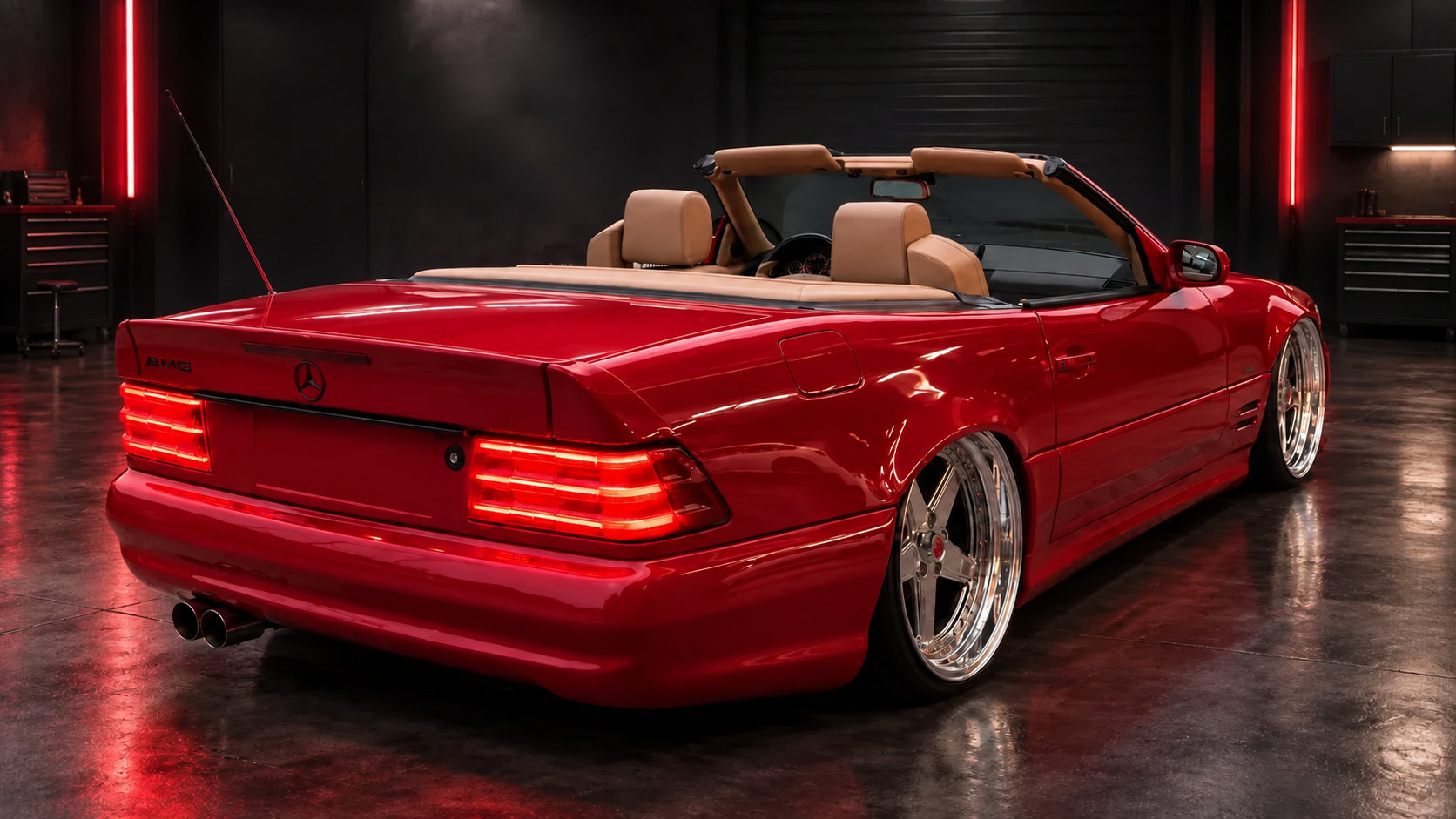 Rear left three-quarter studio view of red Mercedes-Benz SL R129