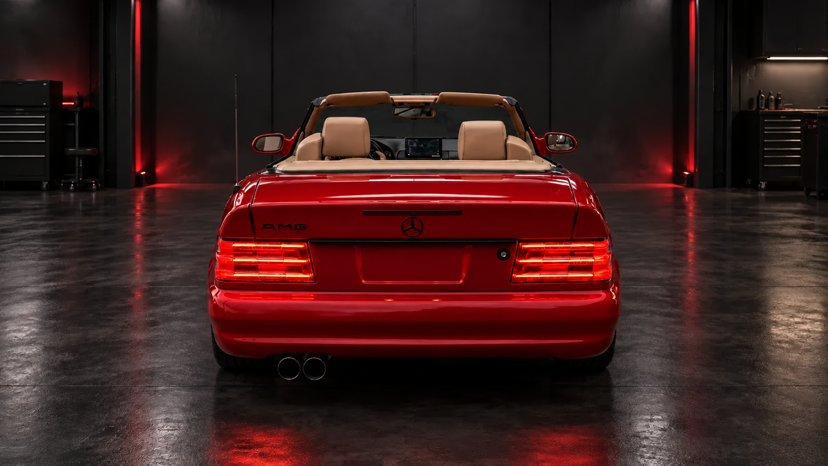 Straight rear studio view of red Mercedes-Benz SL R129