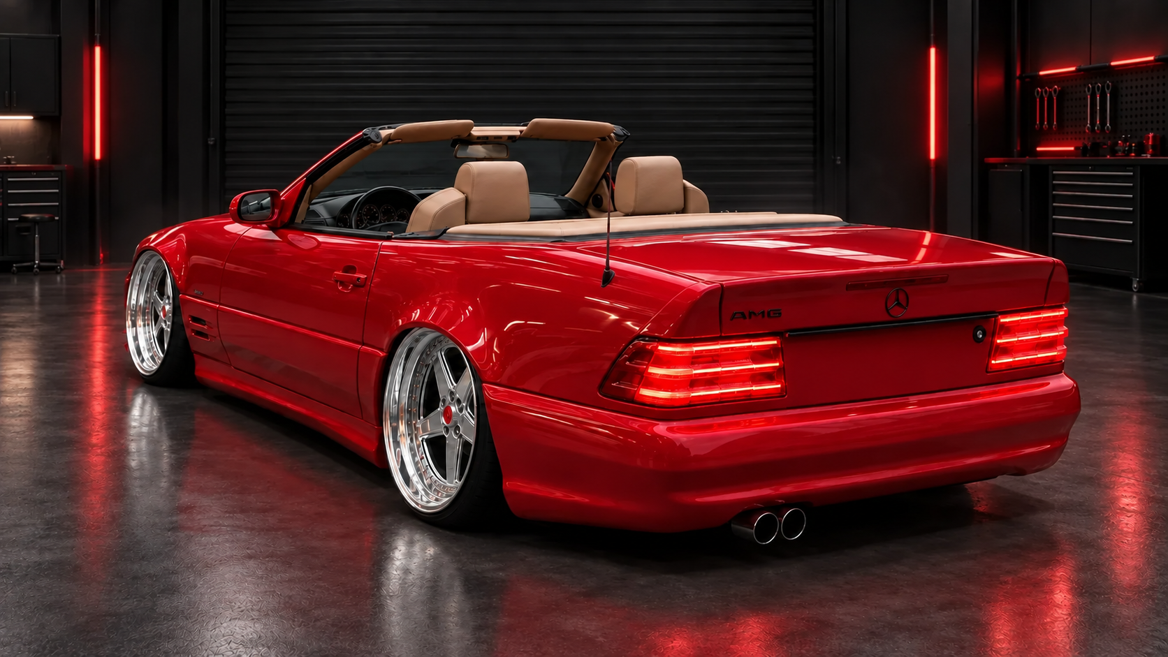 Rear right three-quarter studio view of red Mercedes-Benz SL R129