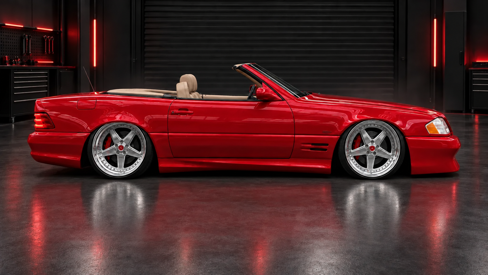 Right side studio view of red Mercedes-Benz SL R129