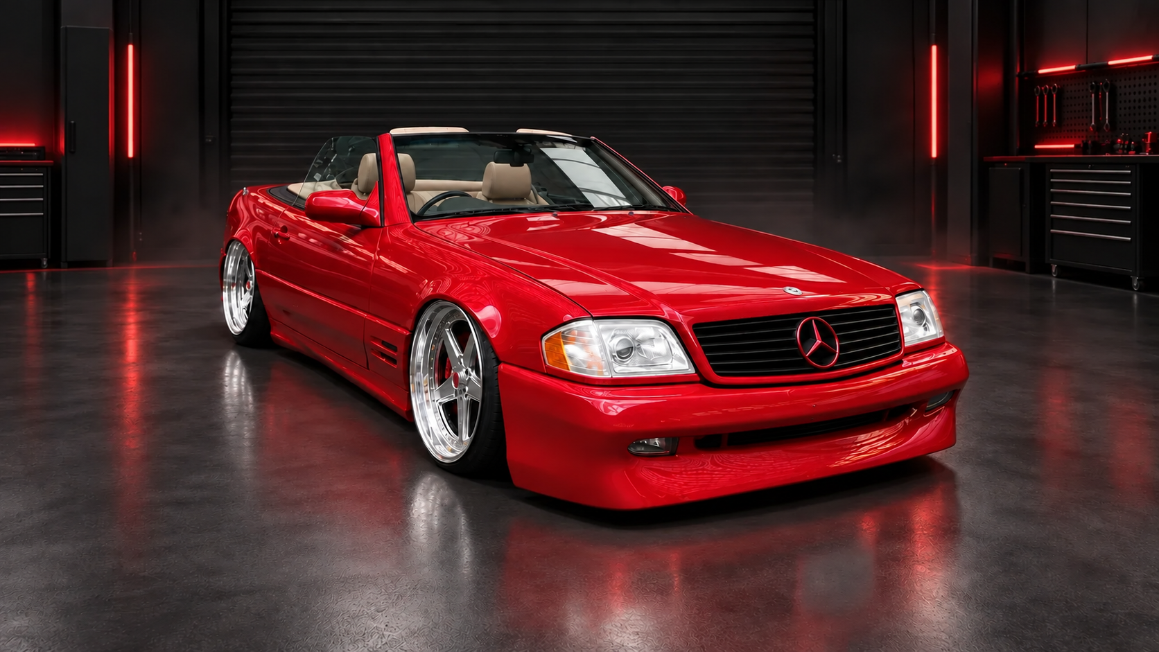 Front right three-quarter studio view of red Mercedes-Benz SL R129
