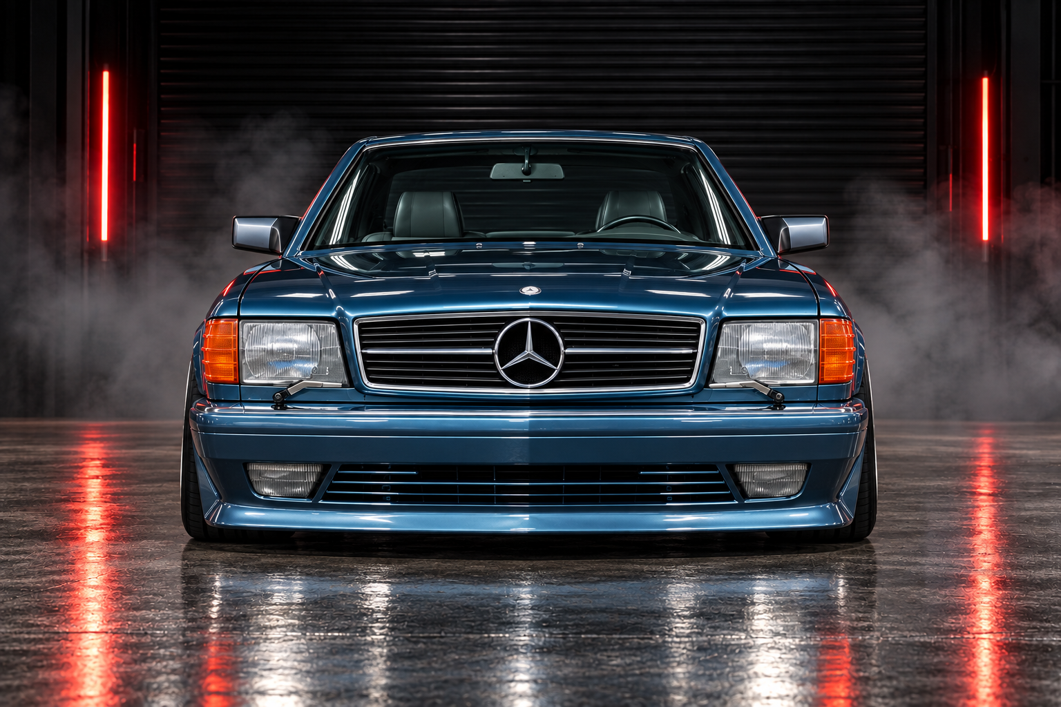 Straight front studio view of metallic blue Mercedes-Benz SEC