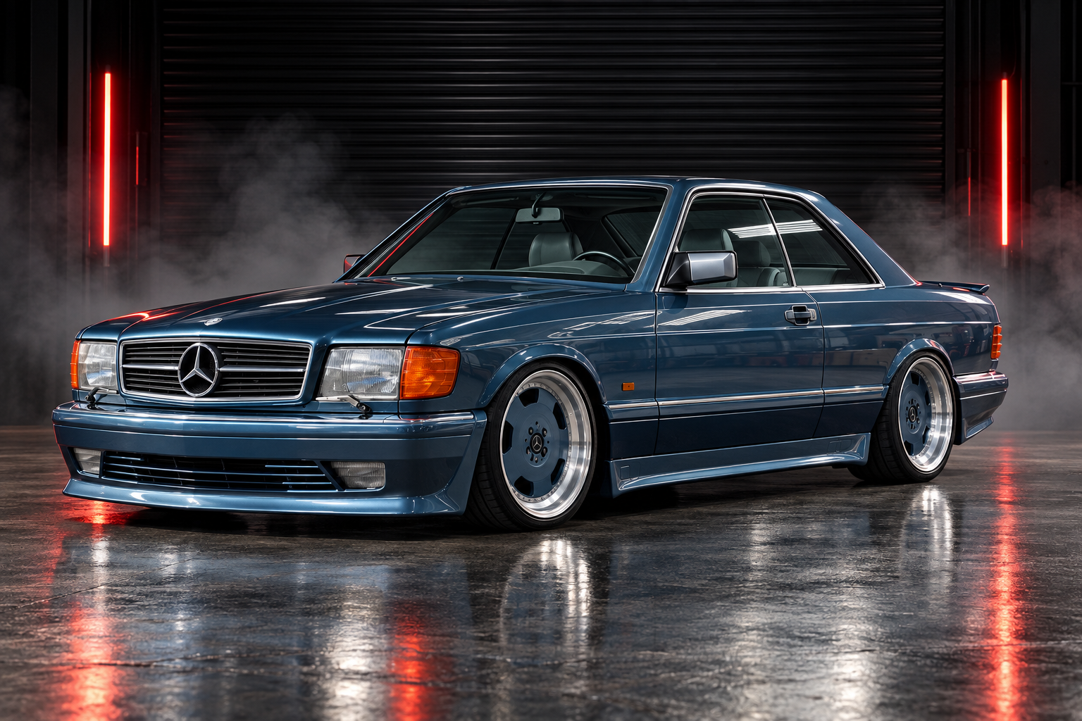 Front left three-quarter studio view of metallic blue Mercedes-Benz SEC