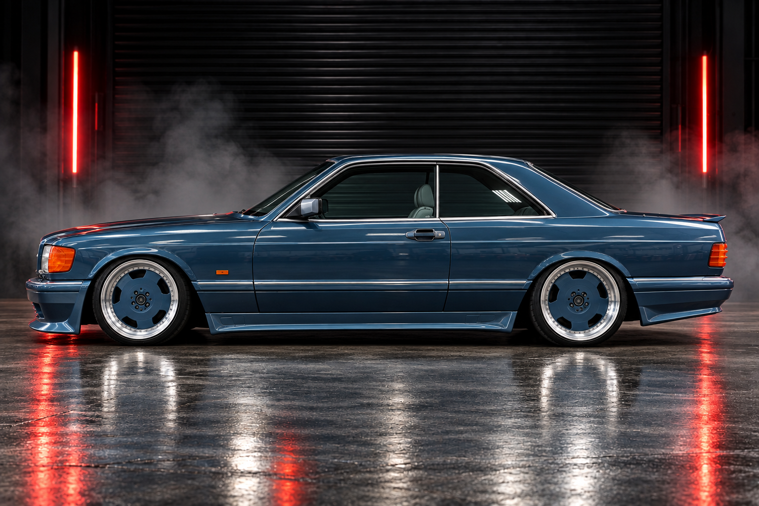 Left side studio view of metallic blue Mercedes-Benz SEC