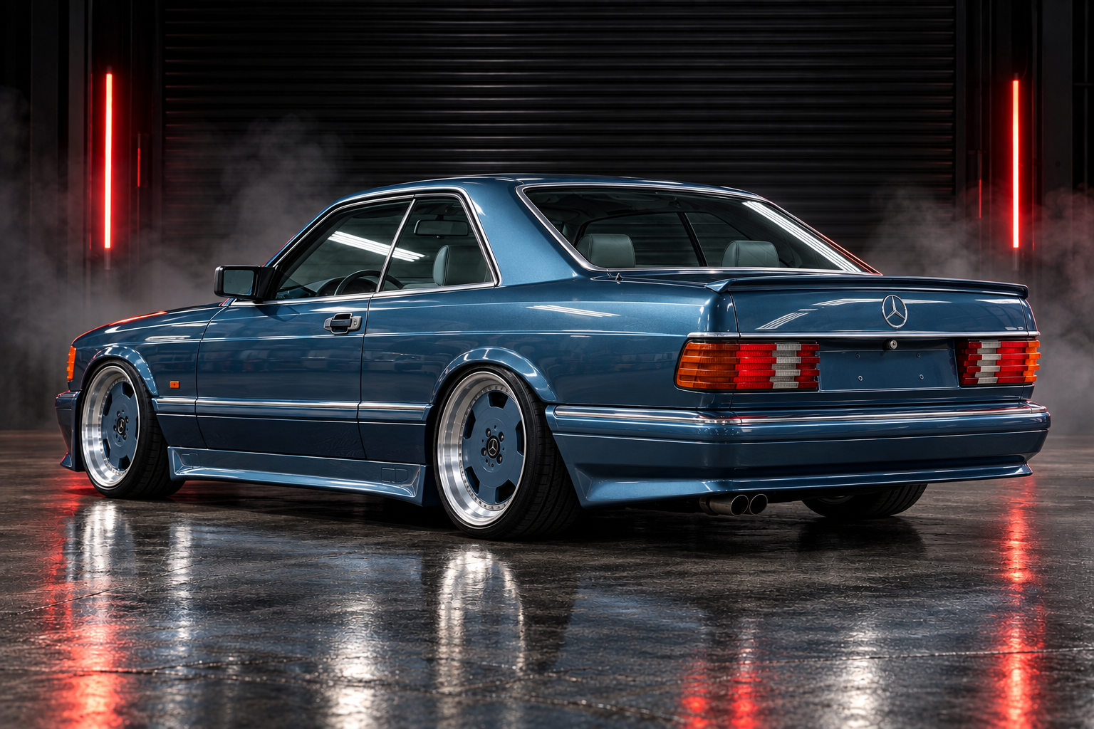 Rear left three-quarter studio view of metallic blue Mercedes-Benz SEC