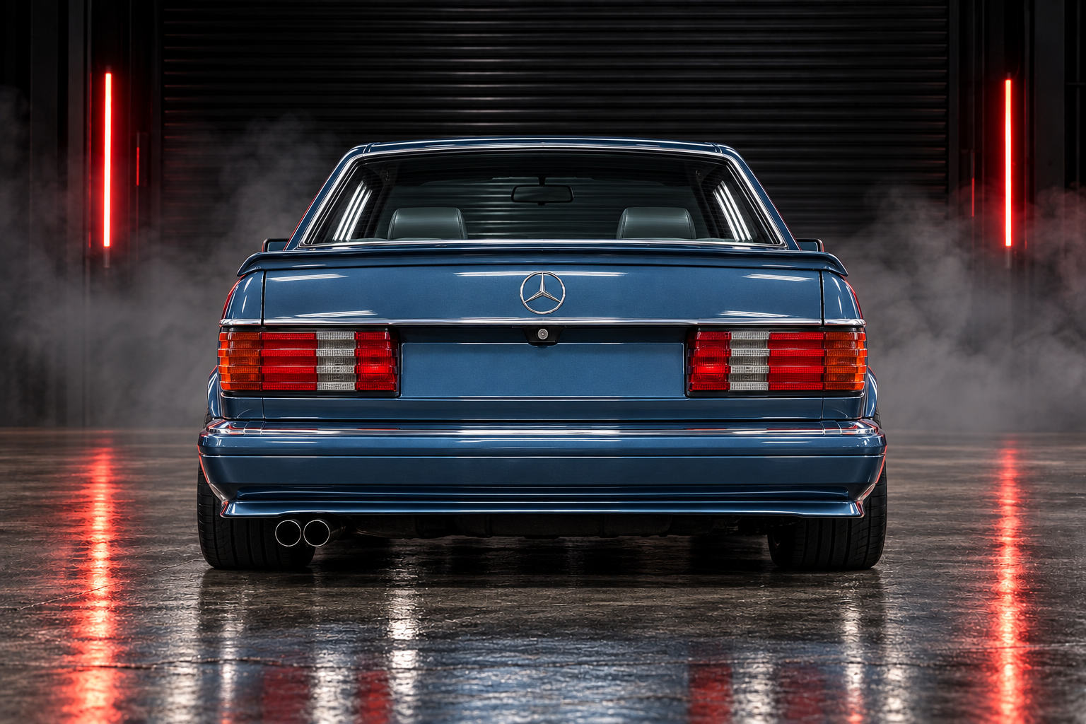 Straight rear studio view of metallic blue Mercedes-Benz SEC