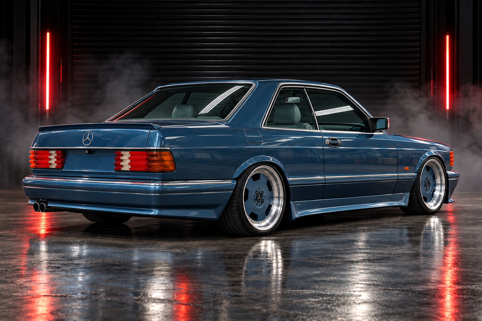 Rear right three-quarter studio view of metallic blue Mercedes-Benz SEC