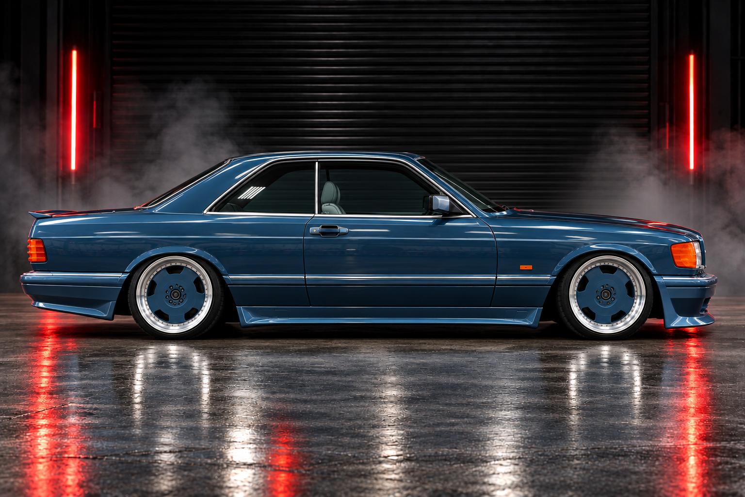 Right side studio view of metallic blue Mercedes-Benz SEC