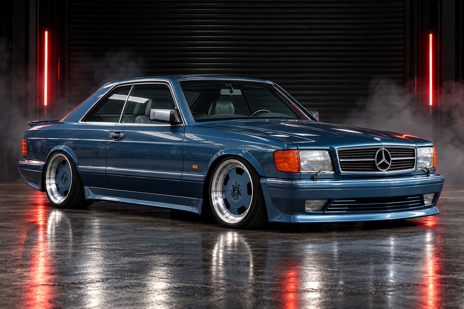 Front right three-quarter studio view of metallic blue Mercedes-Benz SEC