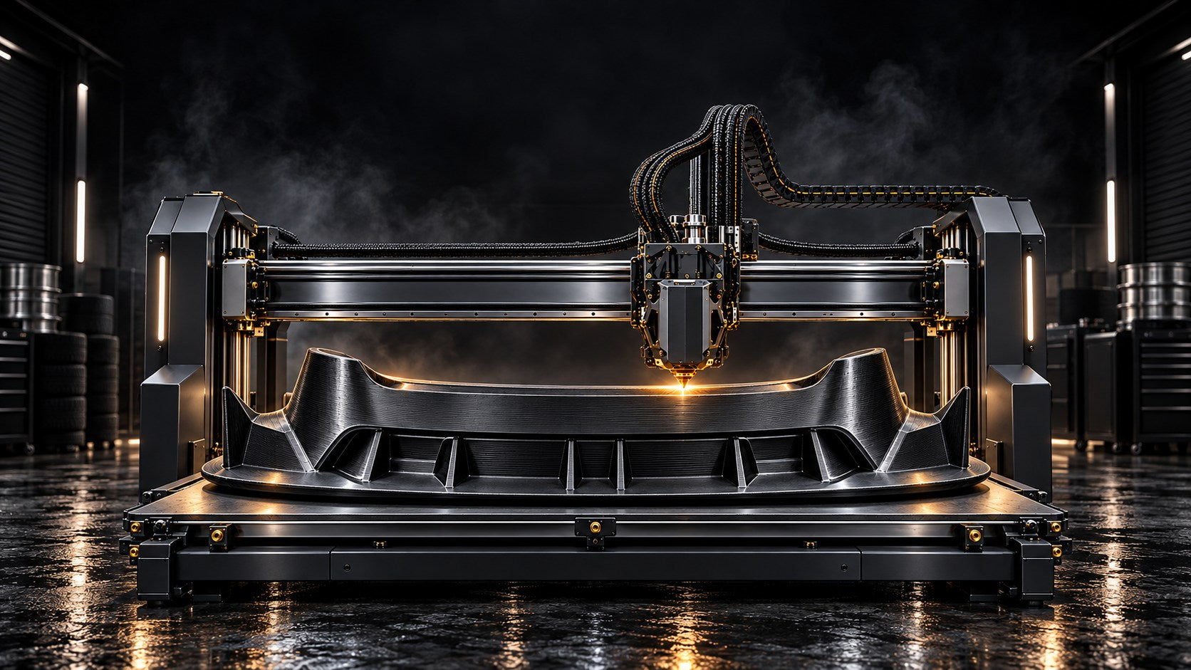 Large-format industrial 3D printer producing a layered automotive front bumper in a dark workshop