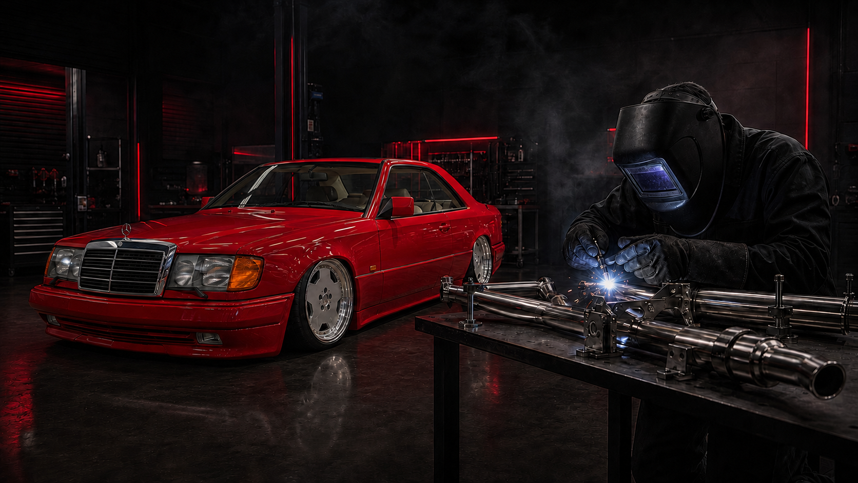 Red Mercedes coupe beside precision fabrication and welding work in the Classic Custom workshop