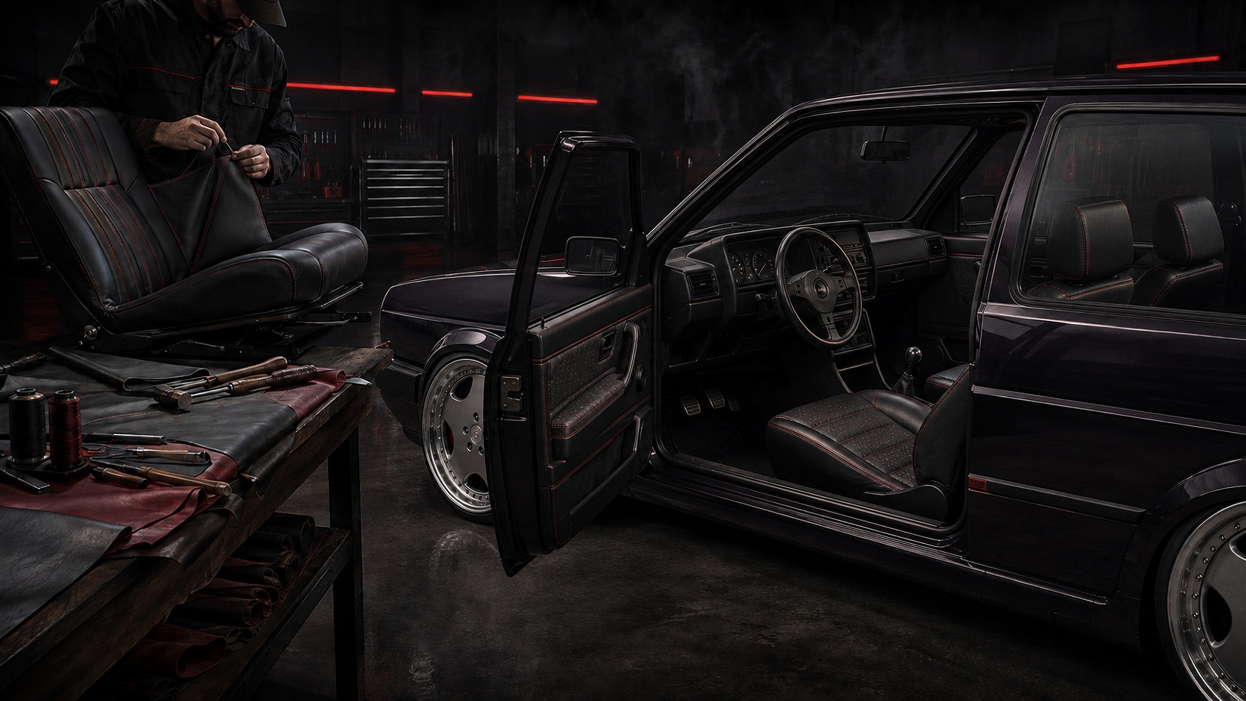 Dark Volkswagen Golf Mk2 with its retrimmed black leather and red stitched interior open inside the Classic Custom workshop